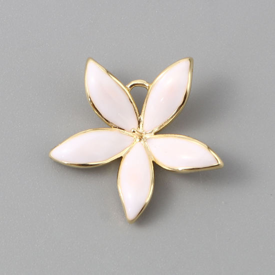 Picture of 2 PCs Brass Pearl Pendant Connector Bail Pin Cap 18K Real Gold Plated White Flower Enamel 24mm x 23mm, Needle Thickness: 0.9mm