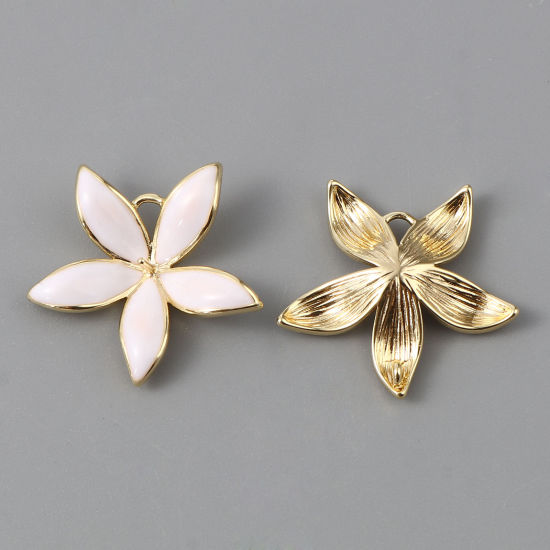 Picture of 2 PCs Brass Pearl Pendant Connector Bail Pin Cap 18K Real Gold Plated White Flower Enamel 24mm x 23mm, Needle Thickness: 0.9mm