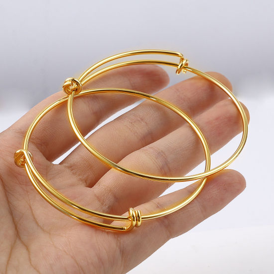 Picture of Brass Bangles Bracelets Round 18K Real Gold Plated Adjustable 19cm(7 4/8") long, 2 PCs