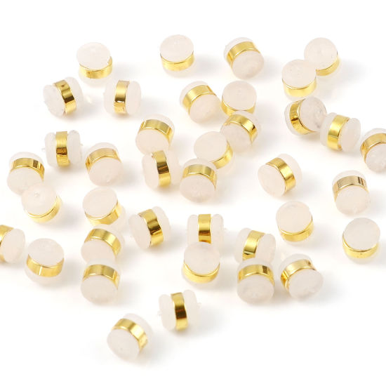 Immagine di Ottone & Silicone Orecchino Indietro Tappi 18K Vero Oro Placcato Bianco Cilindrico 6mm x 5mm, 10 Pz