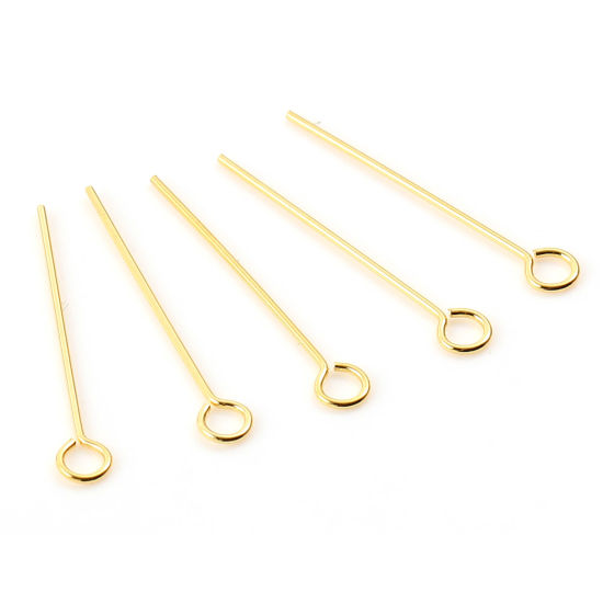 Image de Aiguilles Tiges à Œil en Laiton Plaqué Or Véritable 18K Placage 20mm long, 50 Pièces