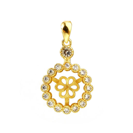 Image de Bélière pour Perle Micro Pave en Laiton Plaqué Or Véritable 18K Rond Fleurs Épaisseur d'Aiguille 0.7mm, à Strass Transparent 26mm x 15mm, 1 Pièce