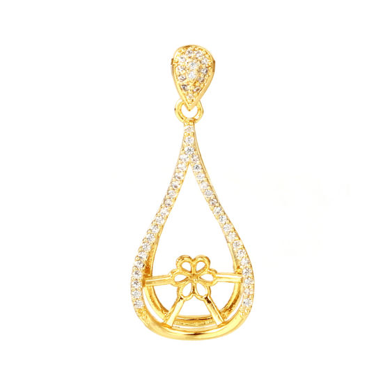 Image de Bélière pour Perle Micro Pave en Laiton Plaqué Or Véritable 18K Goutte d'Eau Fleurs Épaisseur d'Aiguille 0.7mm, à Strass Transparent 33mm x 14mm, 1 Pièce