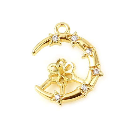Image de Bélière pour Perle Galaxie en Laiton Plaqué Or Véritable 18K Demi Lune Fleurs Épaisseur d'Aiguille 0.8mm, à Strass Transparent 14mm x 11mm, 1 Pièce
