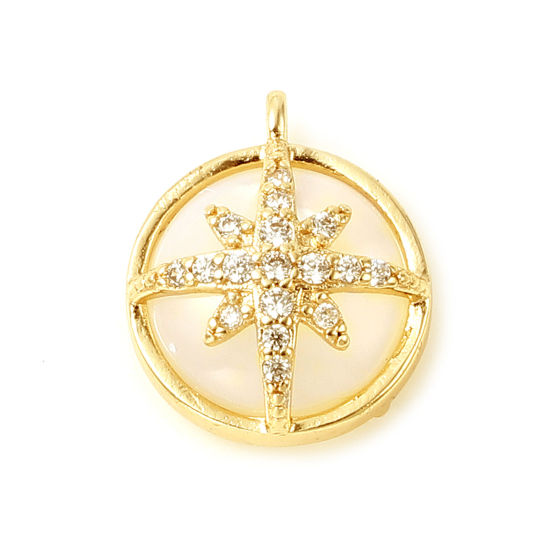 Immagine di Conchiglia + Ottone Galassia Charms Tondo 18K Vero Oro Placcato Bianco Stella Micro Spianare Trasparente Strass 14mm x 12mm, 1 Pz