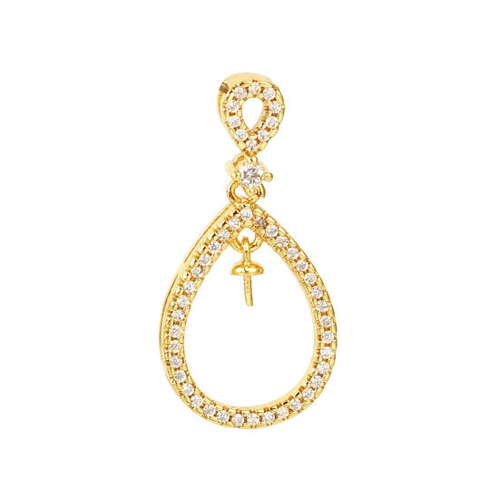 Image de Bélière pour Perle Micro Pave en Laiton Plaqué Or Véritable 18K Goutte d'Eau Épaisseur d'Aiguille 0.7mm, à Strass Transparent 28mm x 14mm, 1 Pièce