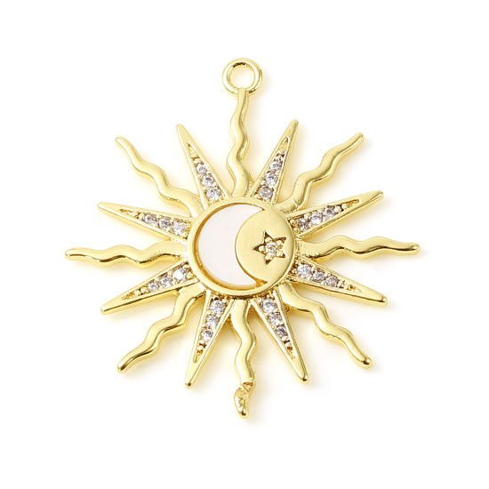 Immagine di Conchiglia + Ottone Galassia Charms Sole 18K Vero Oro Placcato Bianco Luna Micro Spianare Trasparente Strass 26mm x 24mm, 1 Pz