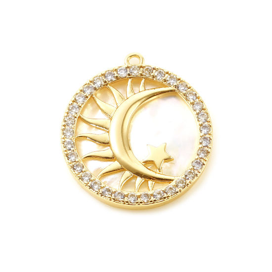 Immagine di Conchiglia + Ottone Galassia Charms Tondo 18K Vero Oro Placcato Bianco Luna Micro Spianare Trasparente Strass 22mm x 20mm, 1 Pz