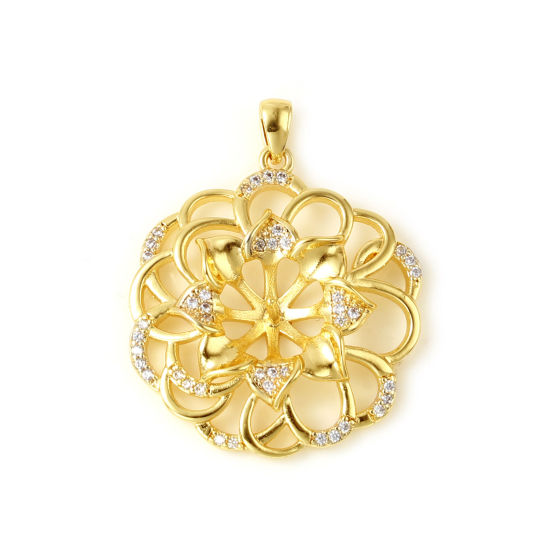 Image de Bélière pour Perle Micro Pave en Laiton Plaqué Or Véritable 18K Fleur Épaisseur d'Aiguille 1mm, à Strass Transparent 31mm x 25mm, 1 Pièce
