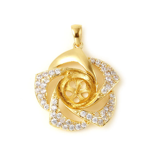 Image de Bélière pour Perle Micro Pave en Laiton Plaqué Or Véritable 18K Fleur Épaisseur d'Aiguille 0.7mm, à Strass Transparent 27mm x 21mm, 1 Pièce