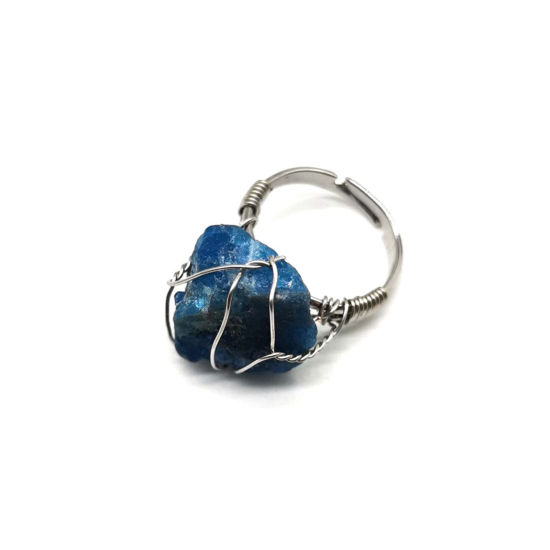 Image de Bagues Fil de Cuivre Enroulé en Cristal Bleu ( Naturel ) Ajustable Argent Mat Bleu Irrégulier 22mm (Taille d'US: 12.75), 1 Pièce