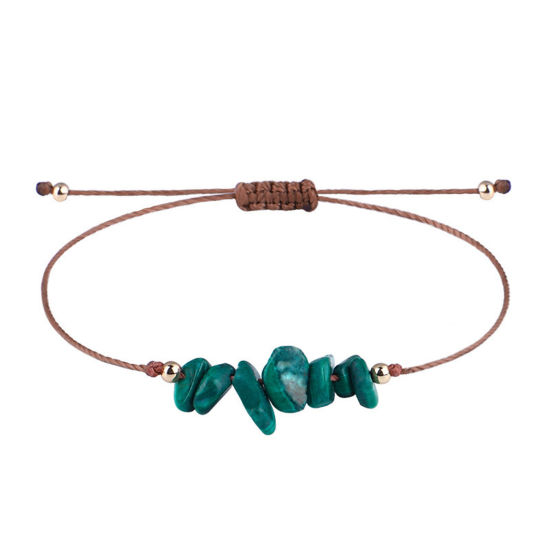 Picture of Synthetic Malachite Boho Chic Bohemia Adjustable Braided Bracelets Peacock Green Chip Beads 30cm(11 6/8") long, 1 Piece