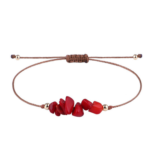 Picture of Natural Coral Boho Chic Bohemia Adjustable Braided Bracelets Red Chip Beads 30cm(11 6/8") long, 1 Piece