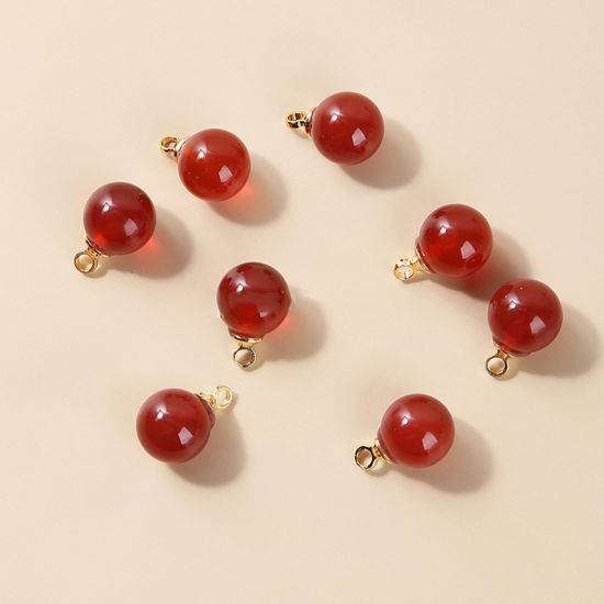 Picture of Agate ( Natural ) Charms Gold Plated Red Ball 8mm Dia., 10 PCs