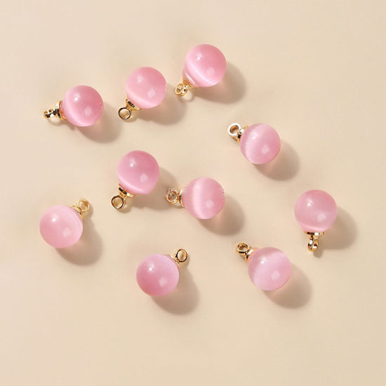Picture of Cat's Eye Glass ( Natural ) Charms Gold Plated Light Pink Ball 8mm Dia., 10 PCs
