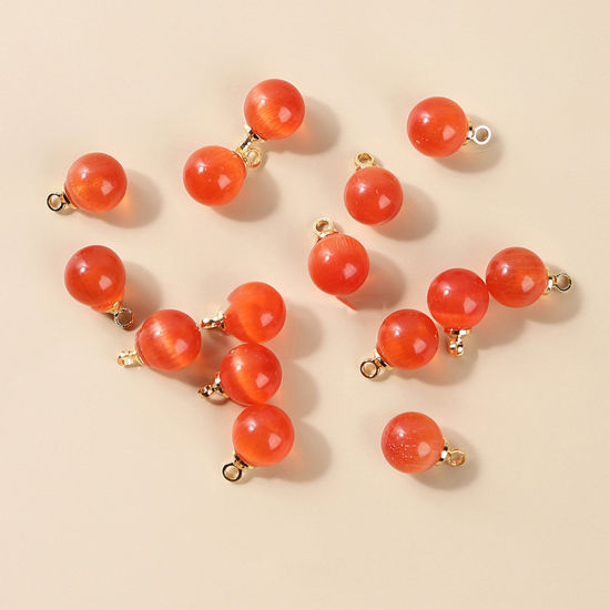 Picture of Cat's Eye Glass ( Natural ) Charms Gold Plated Red Ball 8mm Dia., 10 PCs