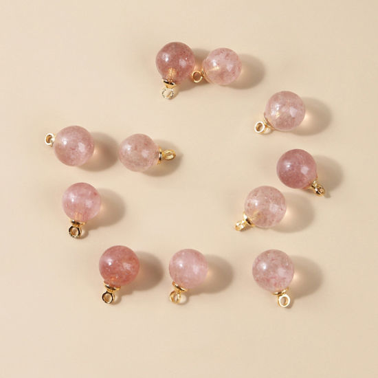 Picture of Strawberry Quartz ( Natural ) Charms Gold Plated Light Pink Ball 8mm Dia., 10 PCs