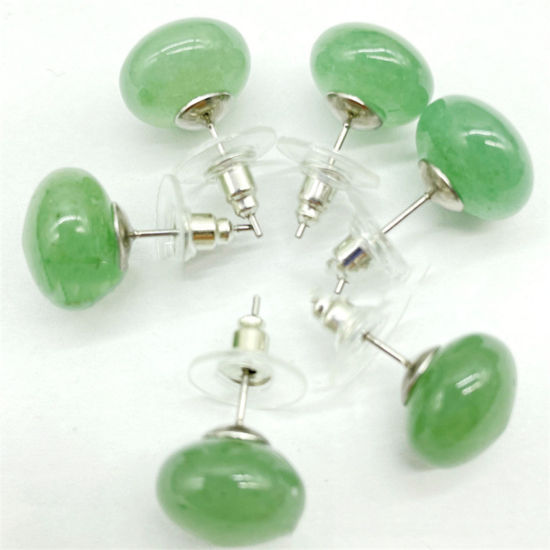 Picture of Green Aventurine ( Natural ) Ear Post Stud Earrings Silver Tone Green Abacus 12mm x 8mm, Post/ Wire Size: (20 gauge), 1 Pair