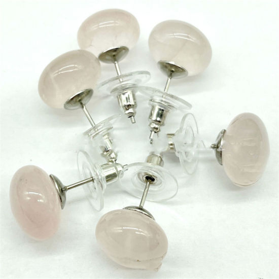 Picture of Rose Quartz ( Natural ) Ear Post Stud Earrings Silver Tone Light Pink Abacus 12mm x 8mm, Post/ Wire Size: (20 gauge), 1 Pair
