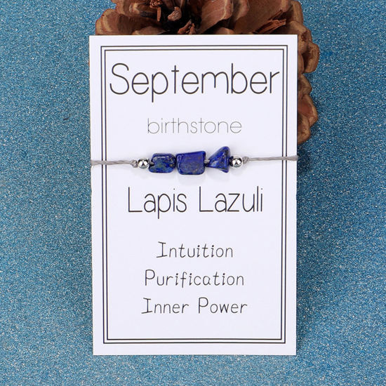 Picture of Natural Lapis Lazuli Birthstone Adjustable Braided Bracelets Dark Blue Irregular September 15cm - 30cm long, 1 Piece
