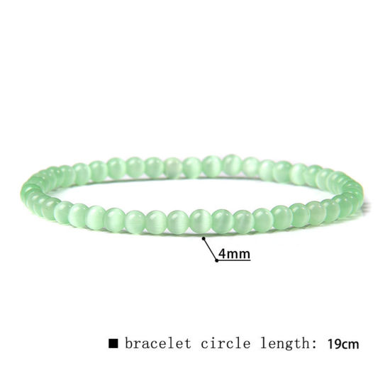 Picture of Natural Dyed Cat's Eye Glass Elastic Dainty Bracelets Delicate Bracelets Beaded Bracelet Light Green Round 19cm(7 4/8") long, 1 Piece