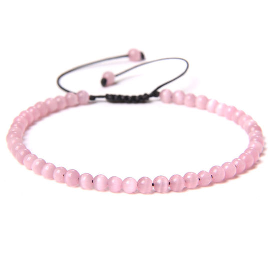 Picture of Natural Dyed Cat's Eye Glass Braided Adjustable Dainty Bracelets Delicate Bracelets Beaded Bracelet Light Pink Round 15cm - 30cm long, 1 Piece