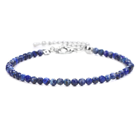 Picture of 1 Piece Natural Lapis Lazuli 4mm Round Beads Faceted Bracelets Dark Blue Silver Tone Round 18cm(7 1/8") long