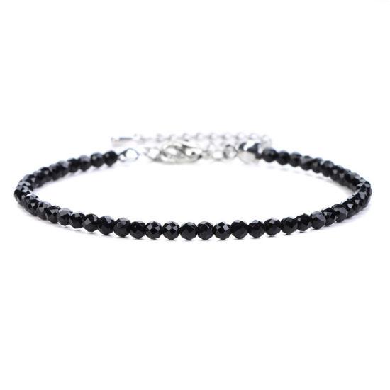 Picture of 1 Piece Natural Crystal 4mm Round Beads Faceted Bracelets Black Silver Tone Round 18cm(7 1/8") long