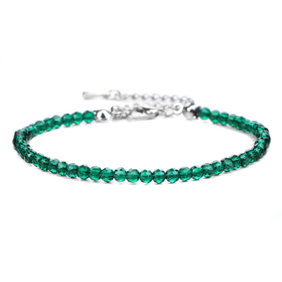 Picture of 1 Piece Natural Gemstone 4mm Round Beads Faceted Bracelets Green Silver Tone Round 18cm(7 1/8") long