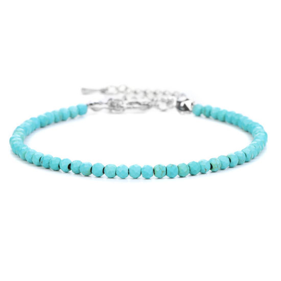 Picture of 1 Piece Natural Turquoise 4mm Round Beads Faceted Bracelets Blue Silver Tone Round 18cm(7 1/8") long