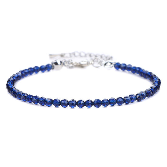 Picture of 1 Piece Natural Gemstone 4mm Round Beads Faceted Bracelets Blue Silver Tone Round 18cm(7 1/8") long