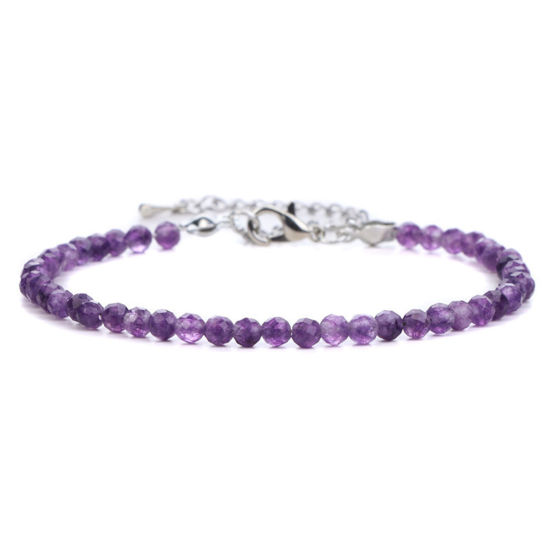 Picture of 1 Piece Natural Crystal 4mm Round Beads Faceted Bracelets Purple Silver Tone Round 18cm(7 1/8") long