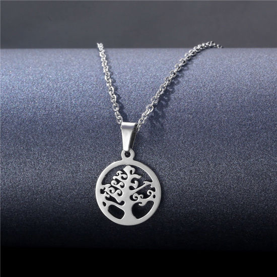 Picture of 304 Stainless Steel Link Cable Chain Necklace Silver Tone Round Tree of Life 45cm(17 6/8") long, 1 Piece