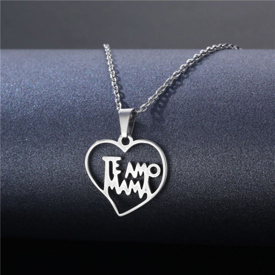 Bild von 304 Edelstahl Valentinstag Gliederkette Kette Halskette Silberfarbe Herz Medizinisches Elektrokardiogramm Message " Te Amo " 45cm lang, 1 Strang