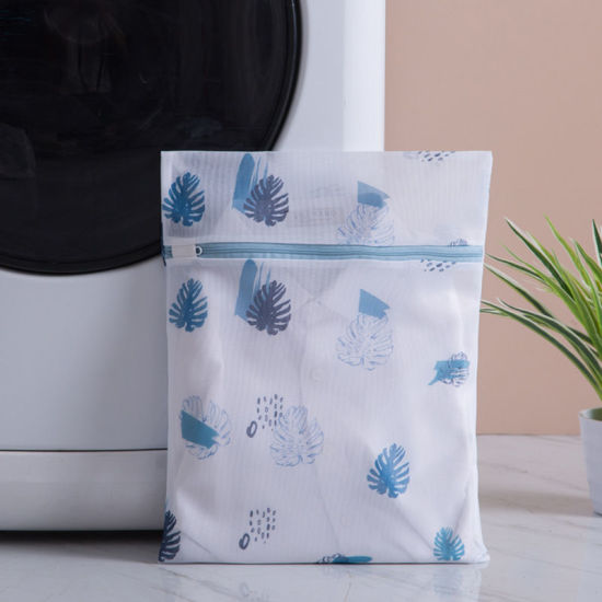 Picture of Polyester Laundry Bag White & Blue Rectangle Leaf 50cm x 40cm, 1 Piece