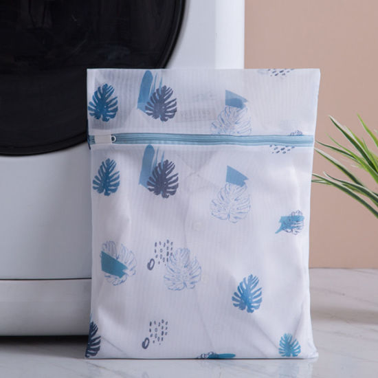 Picture of Polyester Laundry Bag White & Blue Rectangle Leaf 60cm x 50cm, 1 Piece