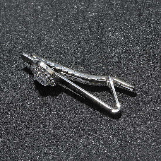 Picture of Zinc Based Alloy Men Necktie Tie Clasps Silver Tone Clear Rhinestone 6.4cm x 1.8cm, 1 Piece