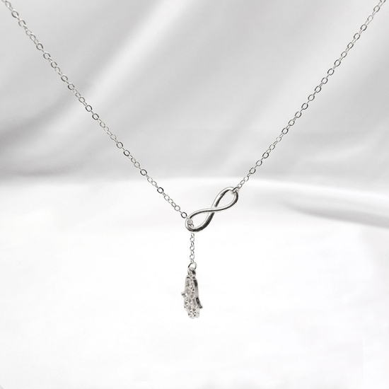 Picture of Necklace Antique Silver Infinity Symbol Hamsa Symbol Hand 46cm(18 1/8") long, 1 Piece