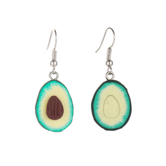 Picture of Polymer Clay Earrings Silver Tone Fruit Green Avocado Fruit 40mm x 10mm, 1 Pair