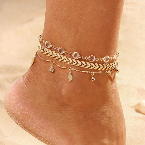 Picture of Anklet Gold Plated Star Leaf Clear Rhinestone 28cm(11") long 27cm(10 5/8") long, 1 Set ( 3 PCs/Set)