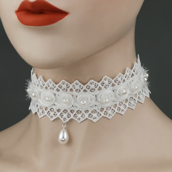 Bild von Choker Halskette Weiß Spitze Imitat Perle 30cm lang, 1 Strang