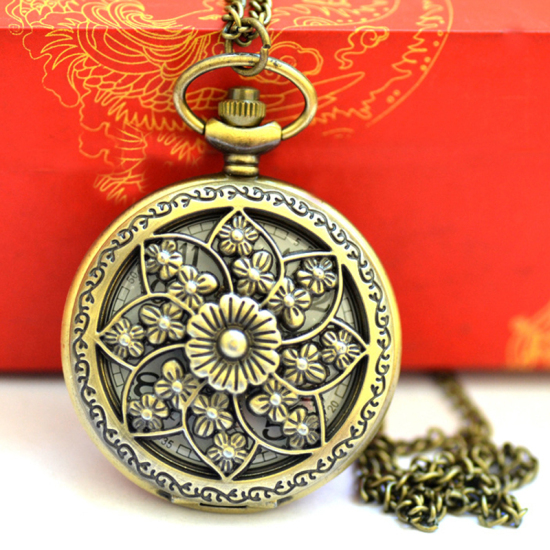 Bild von Taschenuhr Uhr (inkl. Batterie) Rund Bronzefarbe Blumen Muster 1 Stück