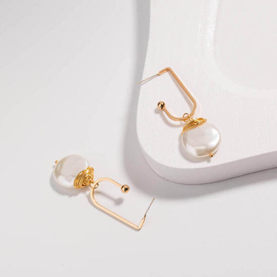 Picture of Earrings Gold Plated White Geometric Imitation Pearl 55mm x 18mm, 1 Pair