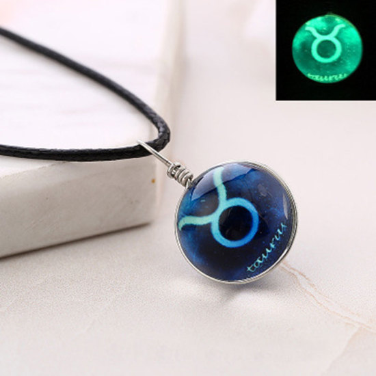 Picture of Glass Stylish Necklace Blue Ball Taurus Sign Of Zodiac Constellations Glow In The Dark Luminous 42cm(16 4/8") long, 1 Piece