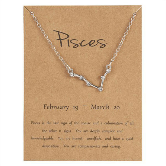 Picture of Necklace Silver Tone Pisces Sign Of Zodiac Constellations Clear Rhinestone 42cm(16 4/8") long, 1 Piece
