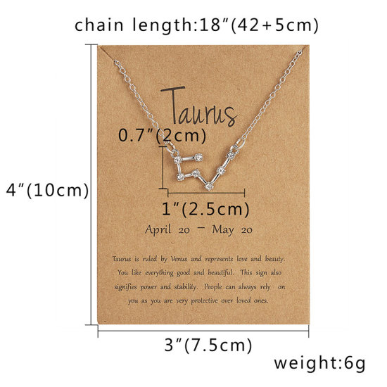 Picture of Necklace Silver Tone Taurus Sign Of Zodiac Constellations Clear Rhinestone 42cm(16 4/8") long, 1 Piece