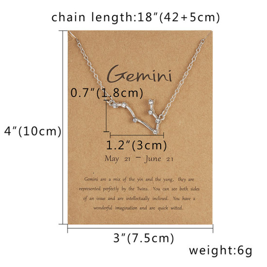 Picture of Necklace Silver Tone Gemini Sign Of Zodiac Constellations Clear Rhinestone 42cm(16 4/8") long, 1 Piece