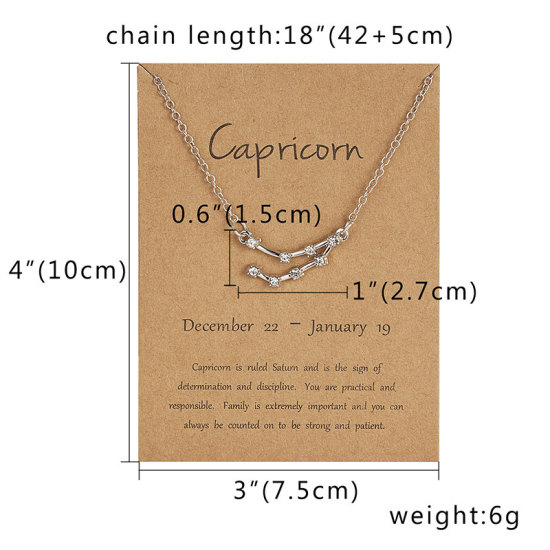 Picture of Necklace Silver Tone Capricornus Sign Of Zodiac Constellations Clear Rhinestone 42cm(16 4/8") long, 1 Piece