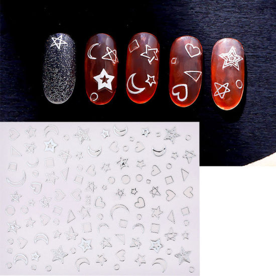Picture of PVC 3D Nail Art Stickers Decoration Star Moon Silver 1 Sheet