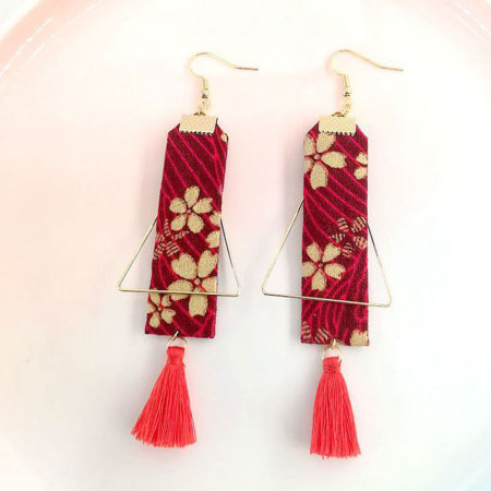 Picture of Brass Tassel Earrings Red Tassel Flower 90mm, 1 Pair